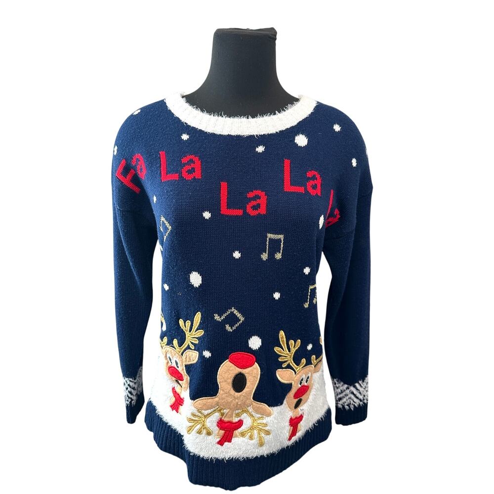 HOLIDAY TRADITIONS Navy Reindeer Ugly Christmas Sweater Medium Whimsical Granny - Picture 2 of 7